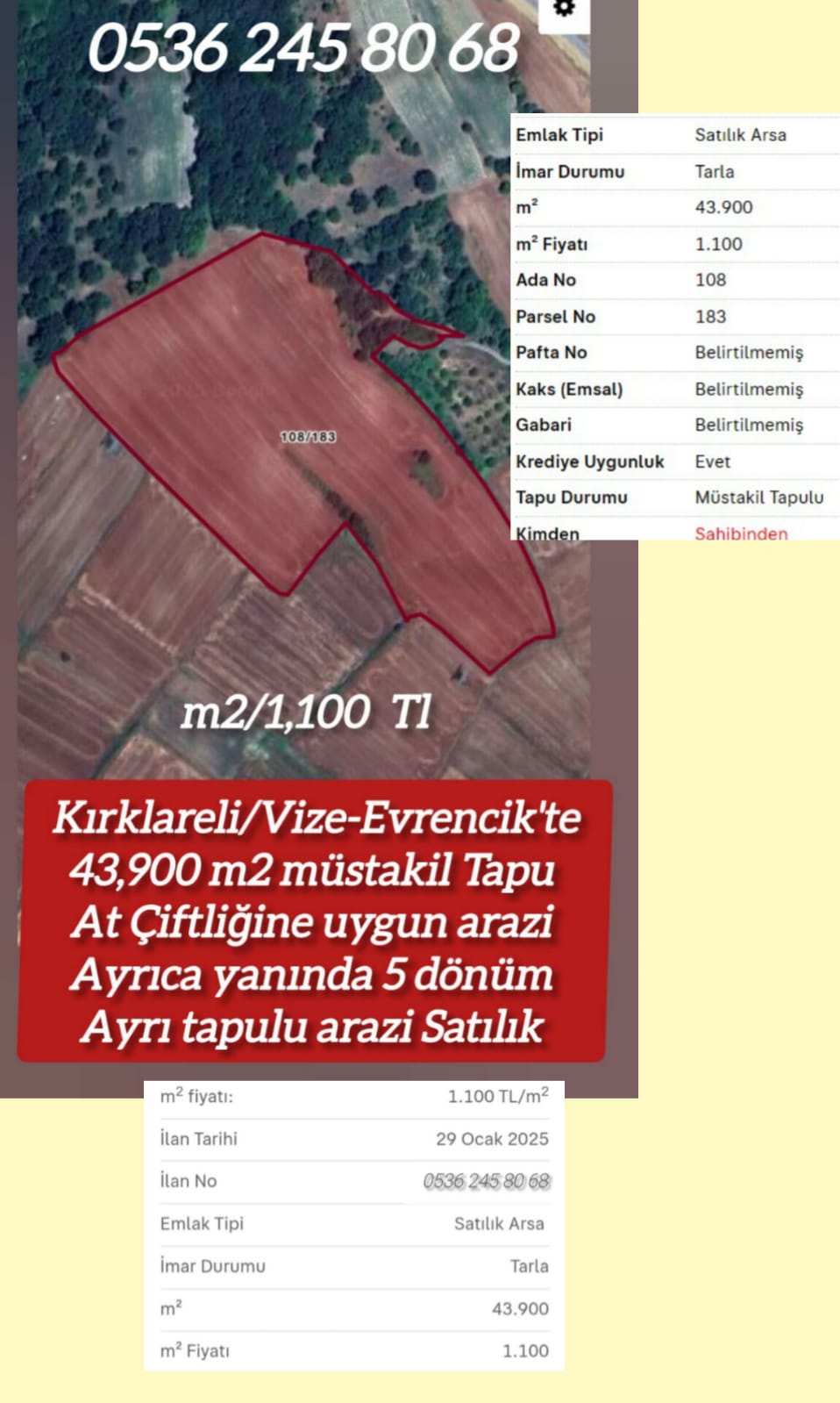 Kırklareli Vize Evrencikte At çiftliğine uygun tek tapu 43 dönüm diğer tapu 5 dönüm toplam 48 dönüm arazi m2 Fiyatı 1,100 tl